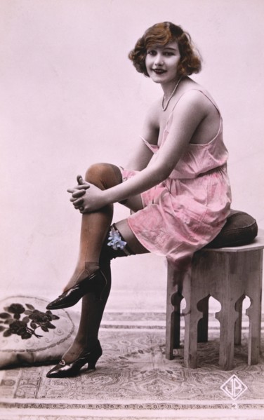 Lingerie Model Sitting on Stool, circa 1920