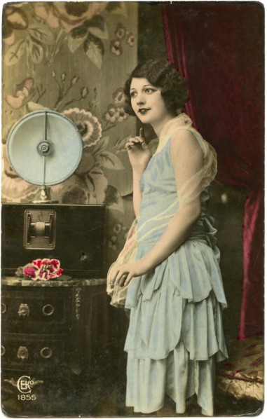 Woman Listening to Radio, Hand-Colored Postcard, circa 1930