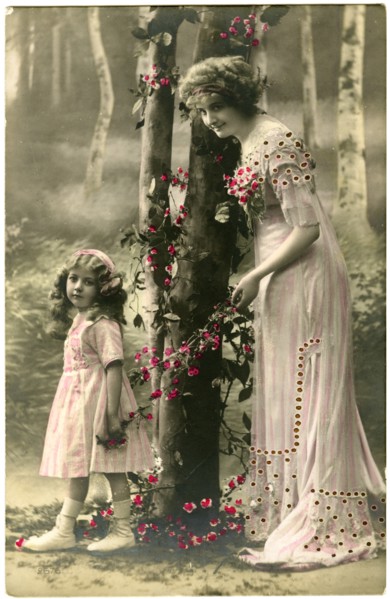 Mother and Daughter in Pink Dresses with Pink Flowers, Hand-Colored French Postcard, circa 1910