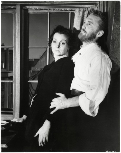 Pamela Brown and Kirk Douglas (as Vincent van Gogh), on-set of the Film, "Lust for Life", 1956
