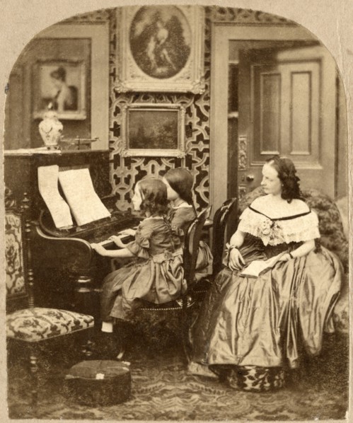 Seated Woman Behind Two Seated Girls Playing Piano, Evening Music, Single Image of Stereo Card, circa 1890