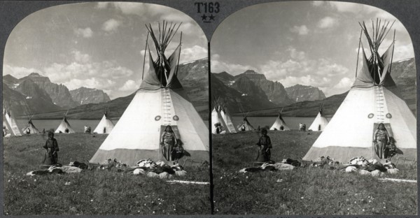 Blackfeet Village with Tipis, near St. Mary's Lake, Glacier National Park, Montana, USA, Stereo Card, circa 1900