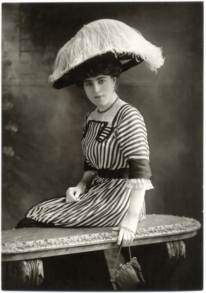 Fashionable Woman, Seated, in Striped Dress and Large Ostrich Hat, Chicago, Illinois, USA, circa 1915
