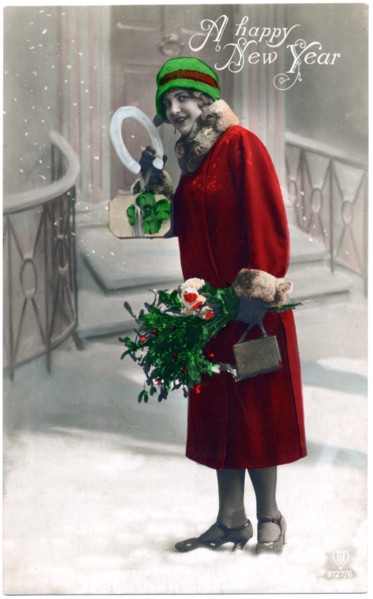 Woman in Red Coat Holding Bouquet of Flowers in Snow, "A Happy New Year", Postcard, circa 1910