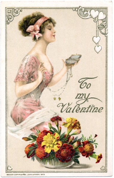 Woman in Pink Dress Holding Large Locket, "To my Valentine", Postcard, circa 1913