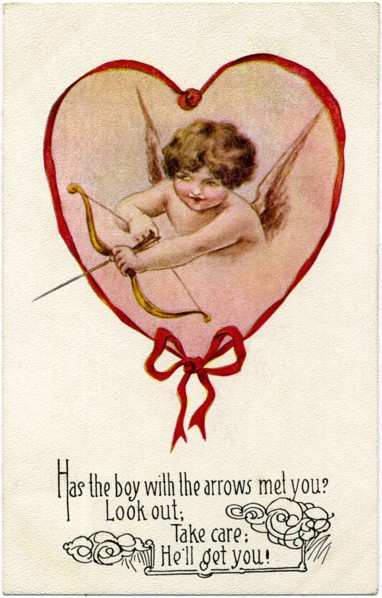 Cupid with Bow & Arrow in Heart Frame, Valentine Postcard, circa 1912