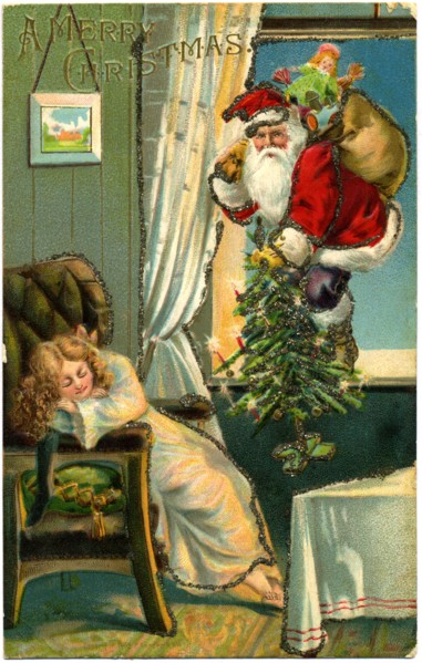Santa Claus Entering Window with Gifts and Tree as Young Girl Sleeps in Chair, "A Merry Christmas", Postcard