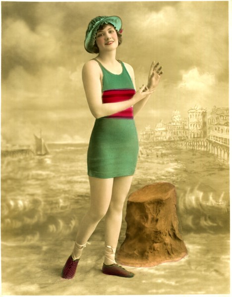 Woman in Green Swimsuit with Red Band, Striped Shoes, Portrait, circa early 1900's