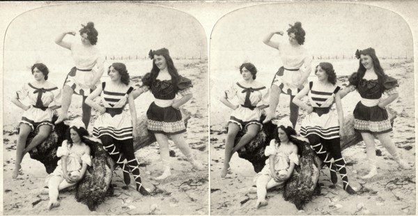 Five Women in Swim Dresses on Beach Looking out to Sea, Stereo Card, 1907