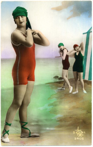 Three Fashionable Women in One-Piece Swimsuits, Hand-Colored French Postcard, circa early 1900's