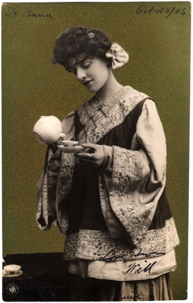 Woman in Kimono Pouring Tea into Teacup, Postcard, circa 1906