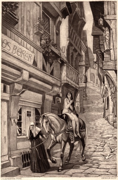 Lady Godiva on Horseback being Guided by Nun on Cobblestone Street, Illustration
