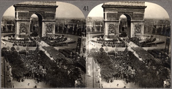 WWI Victory Day Celebration,  Arch de Triumph, Avenue des Champs-Eiysees, Paris, France, Stereo Card, July 14 1919