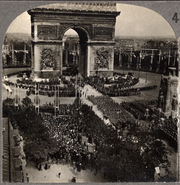WWI Victory Day Celebration,  Arch de Triumph, Avenue des Champs-Eiysees, Paris, France, Single Image of Stereo Card, July 14 1919
