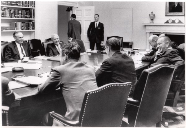 U.S. President Lyndon Johnson during Policy Meeting, with Maxwell D. Taylor, John McCone, Cyrus Vance, Robert McNamara, Dean Rusk, April 1, 1965
