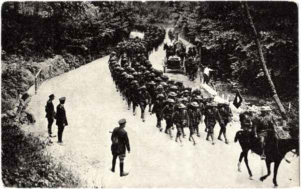 American Troops Marching, "Yanks Going into Action, France", WWI Postcard, circa 1917