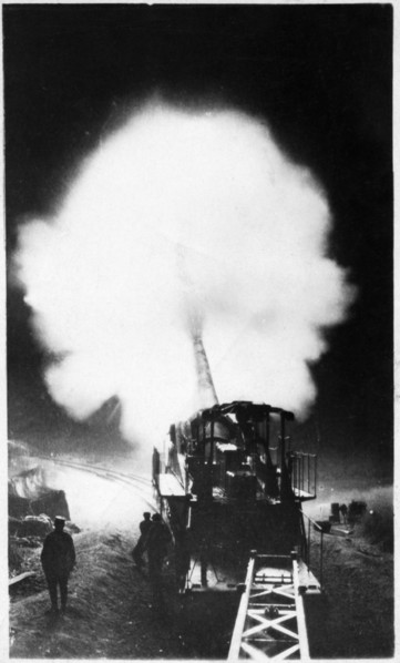 Railway Gun Firing Ammunition, WWI, Postcard, circa 1917