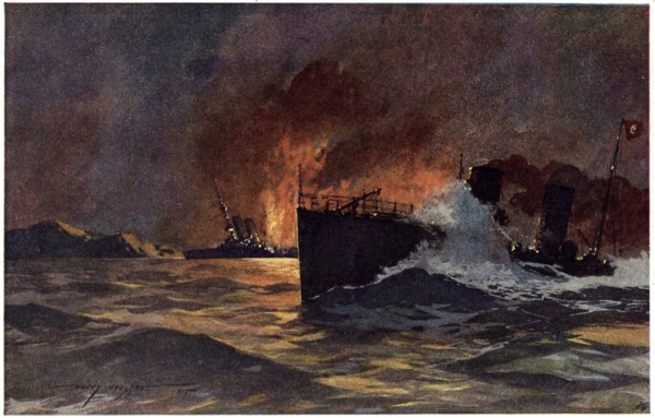 Torpedoing of the British Battleship HMS Goliath during Dardanelles Campaign, WWI, Postcard from Painting by Harry Heusser, circa 1915