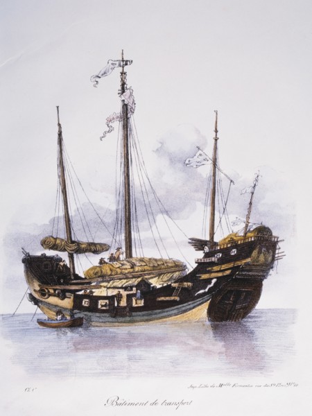 Chinese Junk, Hand-Colored Lithograph, circa 1827