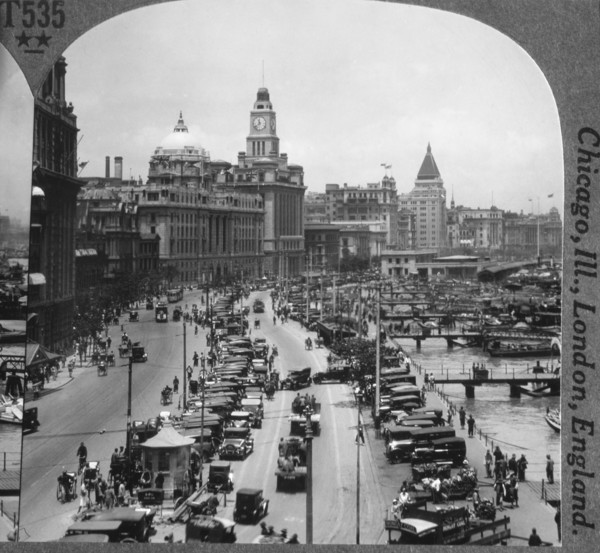 Busy Street Scene, The Bund, Shanghai, China, Single Image of Stereo Card, circa 1900