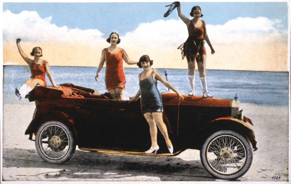 Women Around Convertible Automobile on Beach, California, USA, hand-Colored Photograph, circa 1930