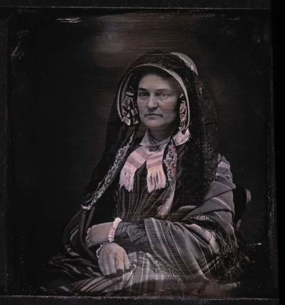 Middle-Aged Woman Wearing Hat and Veil with Shawl Covering Shoulders, Portrait, Daguerreotype, circa 1850's