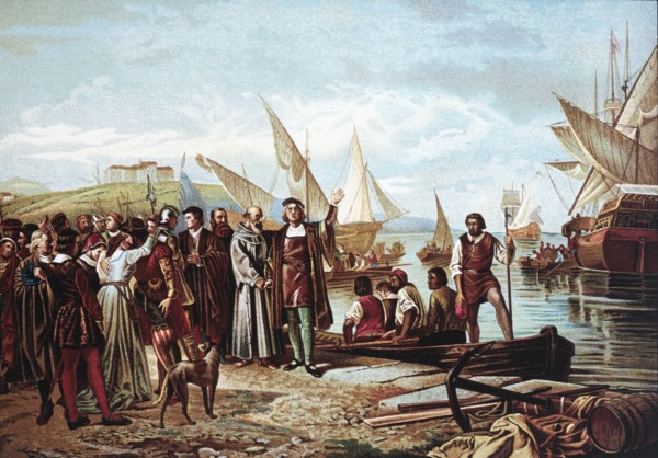 Embarkation and Departure of Christopher Columbus from Port of Palos, August 3, 1492, Chromolithograph from Painting by Ricardo Balaca, 1892
