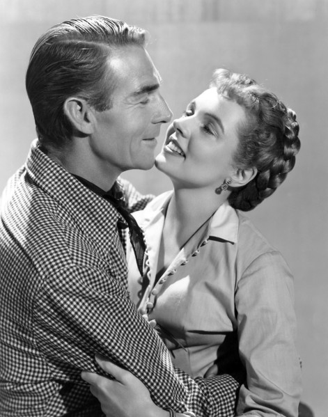 Randolph Scott, Jane Wyatt, on-set of the Film "Canadian Pacific", 1949