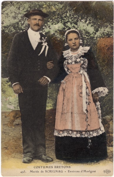 Married Couple in Breton Costumes, Huelgoat, France, Postcard, circa 1910