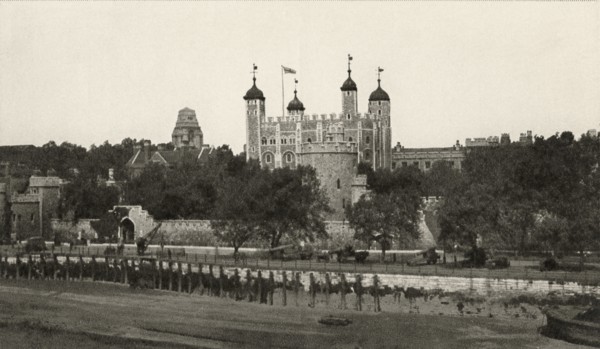 Tower of London, View from Tower Bridge, London, England, H.M. Office of Works, photogravure by Harrison & Sons Ltd London , Postcard, circa 1920