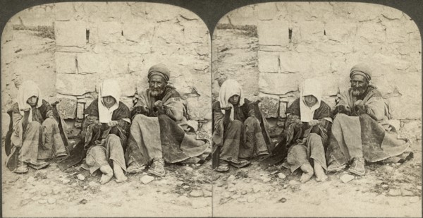 Unclean! Unclean! Wretched lepers outside of Jerusalem,  Palestine, Stereo Card, circa 1896