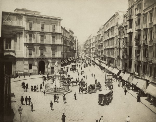Street Scene, Via Roma (now Toledo) with Statue of Carlo Poerio, Naples, Italy, Albumen Print, circa 1880