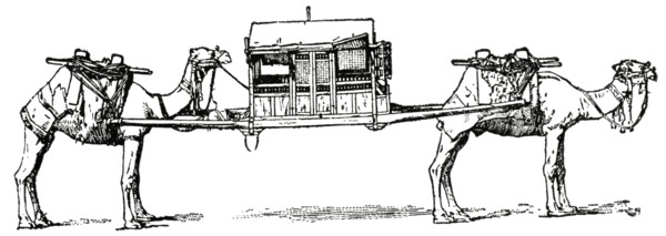 Palanquin and Camels, Algeria, Africa, "Classical Portfolio of Primitive Carriers", by Marshall M. Kirman, World Railway Publ. Co., Illustration, 1895