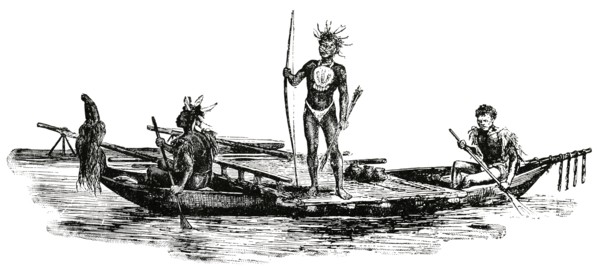 Warriors with Weapons on Canoes, New Guinea, "Classical Portfolio of Primitive Carriers", by Marshall M. Kirman, World Railway Publ. Co., Illustration, 1895