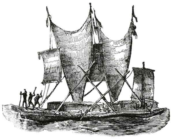Water Craft Consisting of House Built on Canoe, New Guinea, "Classical Portfolio of Primitive Carriers", by Marshall M. Kirman, World Railway Publ. Co., Illustration, 1895