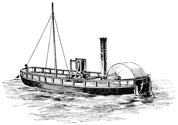 The Charlotte Dundas, First Steamboat launched by William Symington, England, 1801, "Classical Portfolio of Primitive Carriers", by Marshall M. Kirman, World Railway Publ. Co., Illustration, 1895