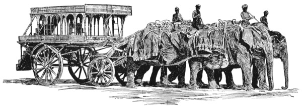 Royal Coach and Four Elephants, Burma, "Classical Portfolio of Primitive Carriers", by Marshall M. Kirman, World Railway Publ. Co., Illustration, 1895
