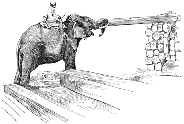 Elephant Completing Work of Piling Timber, Rangoon, Burma, "Classical Portfolio of Primitive Carriers", by Marshall M. Kirman, World Railway Publ. Co., Illustration, 1895