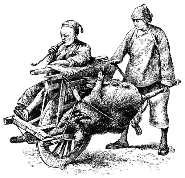 Man and Dead Animal Being Transported on Single-Wheel Cart, China, "Classical Portfolio of Primitive Carriers", by Marshall M. Kirman, World Railway Publ. Co., Illustration, 1895