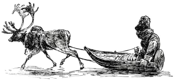 Reindeer Pulling Carriage in Lapland, "Classical Portfolio of Primitive Carriers", by Marshall M. Kirman, World Railway Publ. Co., Illustration, 1895