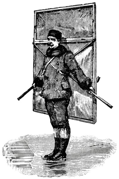Ice Skater on Rummelsburger Lake, Germany, "Classical Portfolio of Primitive Carriers", by Marshall M. Kirman, World Railway Publ. Co., Illustration, 1895