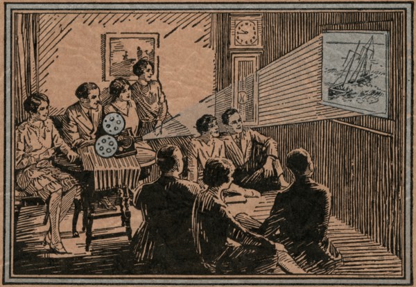 Group of People Watching Move Projected on Wall at Home, Kodak, Kodascope 16mm Film Library, 7th Edition, Cover Illustration, circa 1936