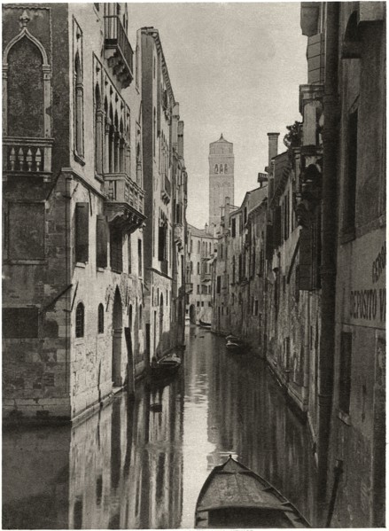 Typical Venetian Canal, Leaning Tower of Santo Stefano in Background, Venice, Italy, Illustration circa 1910