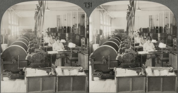 First Drawing or Straightening of Fibers, Silk Industry (Spun Silk), So. Manchester Conn., Stereo Card, circa 1914