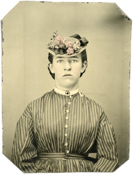 Portrait of Adult Woman in Hat and Striped Dress, Hand-Colored Photography, circa 1870