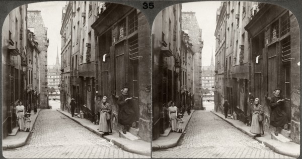 Narrow Street in Old Latin Quarter, Notre Dame in distance, Paris, France, Underwood & Underwood, Stereo Card, circa 1900