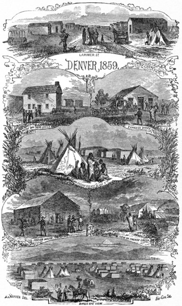 “Seven Views in Denver Colorado 1859”, Book Illustration from “Beyond the Mississippi”, by Albert D. Richardson, 1867