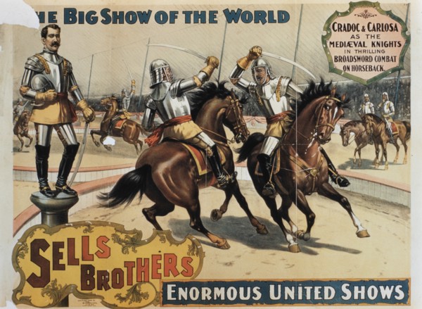 Sells Brothers' Enormous United Shows, Medieval Knights in Combat, Circus Poster, circa 1880's
