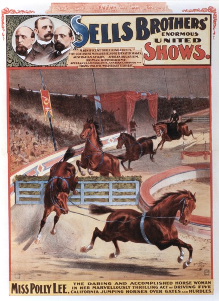 Sells Brothers' Enormous United Shows, Polly Lee, Bareback Rider and her Horses, Circus Poster, 1887