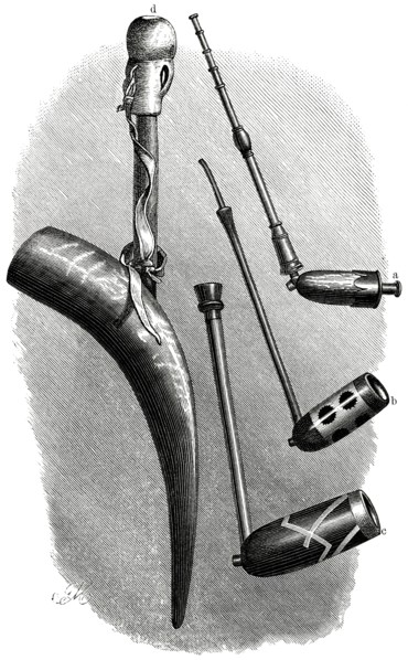 Three Tobacco Pipes (right) and Dacha Pipe, Africa, Illustration, 1885